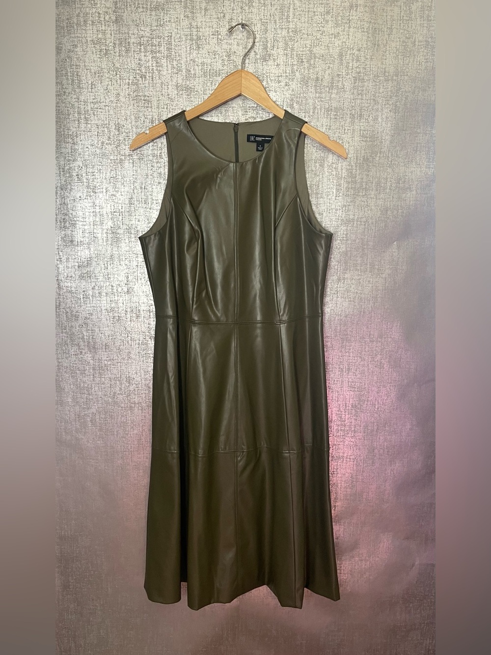 Size 6__INC International Concepts faux leather olive/tarmac green shift dress.